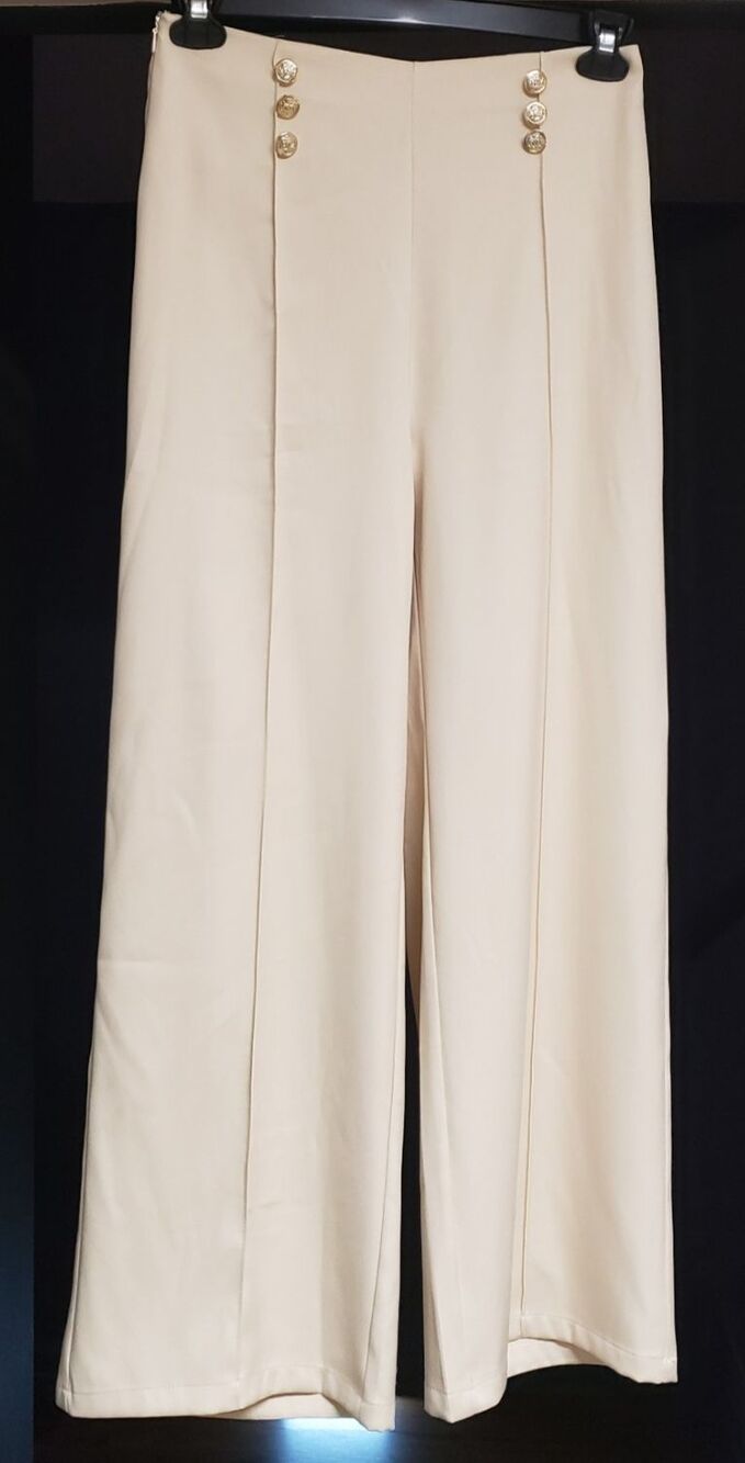 Shein Women's Cream Wide Leg Sailor Double Jewel Button Pants Sz M NWT
